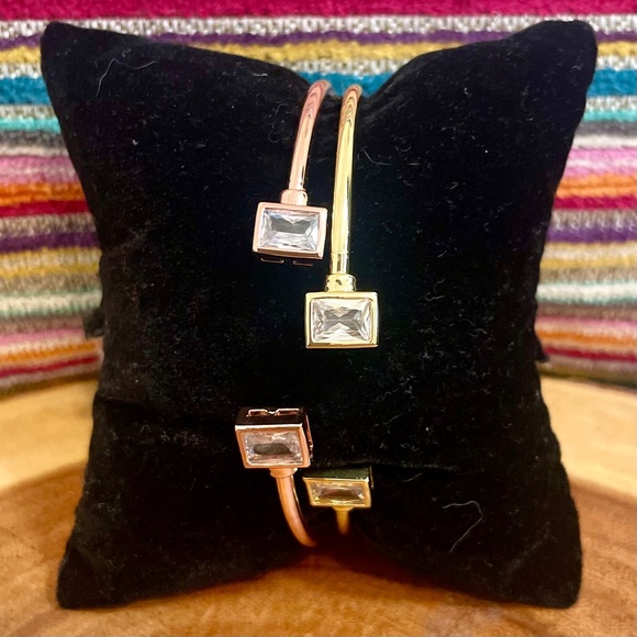 Jewelry - Two Tone Baguette Cut CZ Adjustable Cuff Bangle Duo Gold & Rose Gold Filled